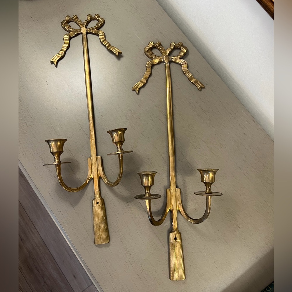 Solid Brass Bow Tassel French Style Wall Sconces Set Of 2 Hollywood Regency VTG